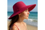 Wide Brim Braded Paper Straw Hat w/ Frill - Fuchsia - HT-ST255FU